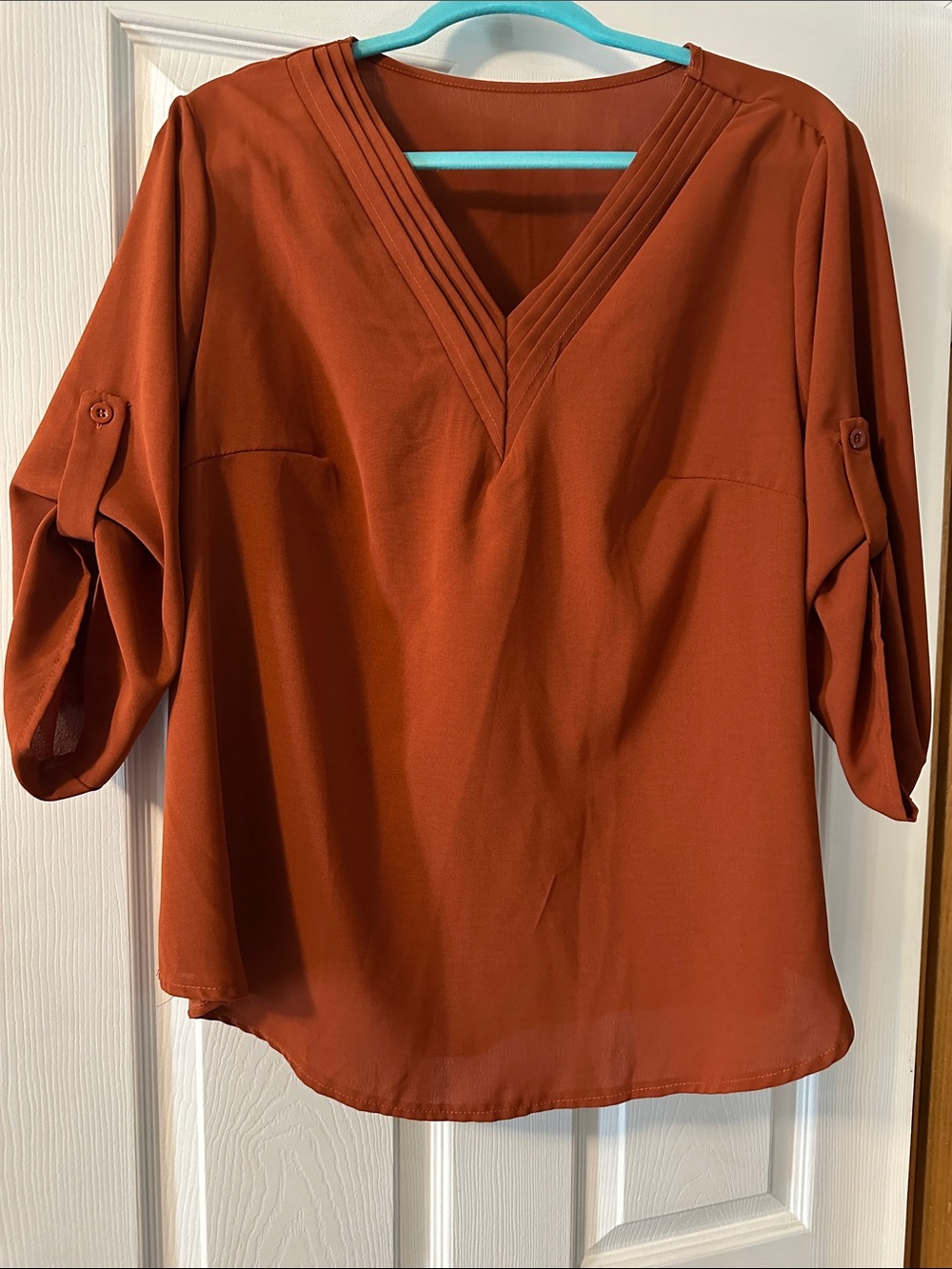Womens V-Neck Roll-Sleeve Blouse - Rust